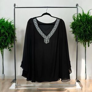 White House Black Market 3X Beaded Chiffon Kimono Blouse Top Black Embellished